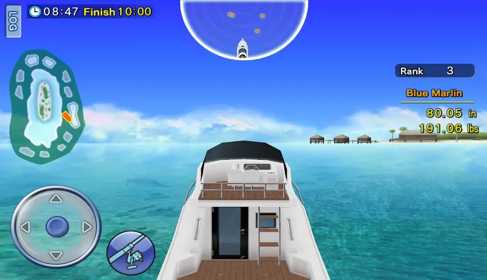 Excite BigFishing: barco em mar tropical com mapa da ilha e sonar