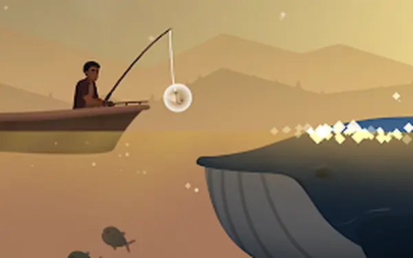 Fishing and Life: pescador num barco pequeno e uma baleia a emergir ao entardecer