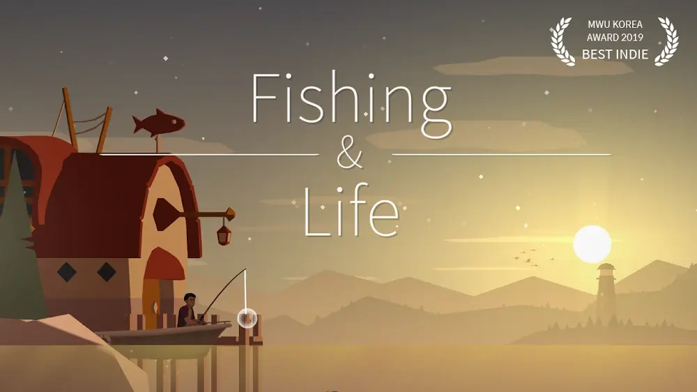 Fishing and Life: ecrã de título com casa sobre o cais e farol