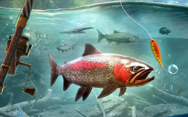Fishing Blitz!: truta arco-íris debaixo de água a aproximar-se de uma amostra laranja