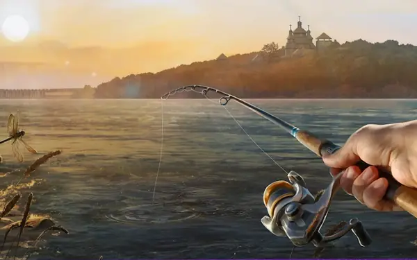 Fishing Rival: mão a segurar a cana num rio ao pôr do sol