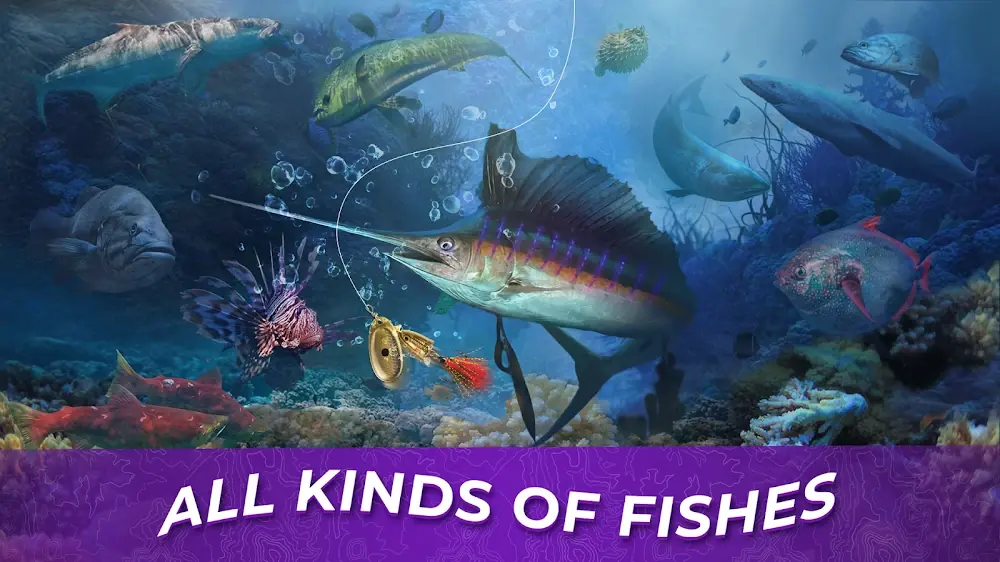 Fishing Rival: cena subaquática com peixe-vela, peixe-leão e amostra